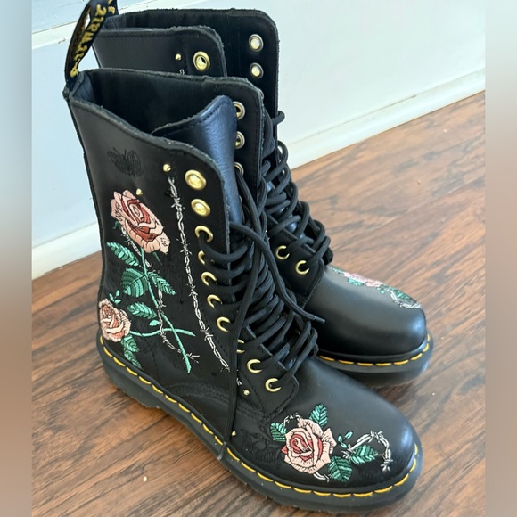 Dr. Martens Shoes - Dr. Martens Black Lace-Up Boots with Pink Rose Embroidery